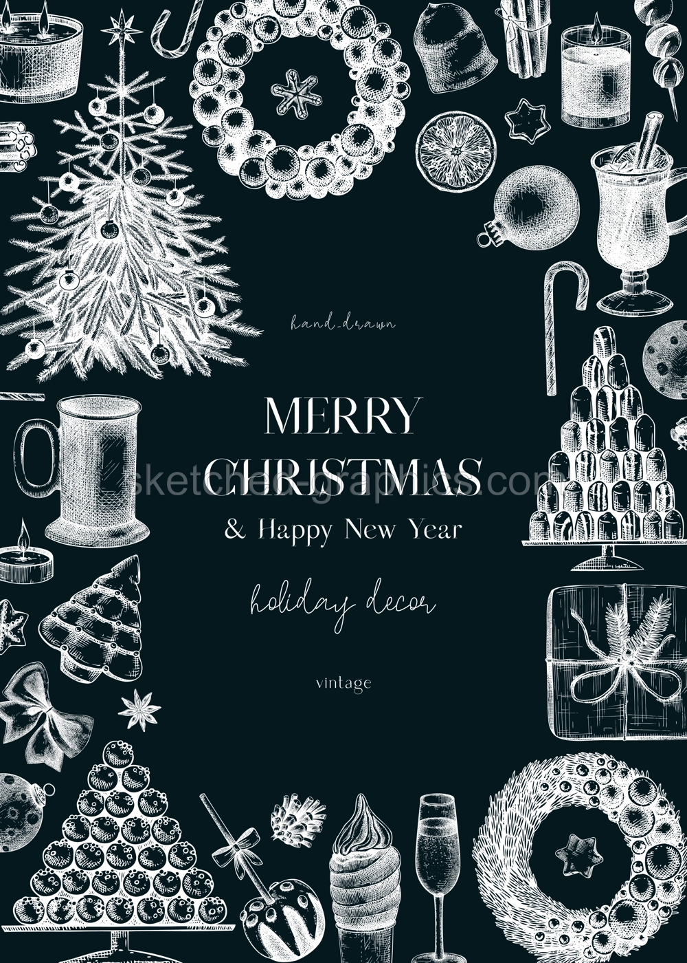 Christmas card design. Hand drawn vector illustration. Winter holiday background. Christmas tree decoration, Christmas wreath, hot dinks, sweets and gift sketches on chalkboard Illustration